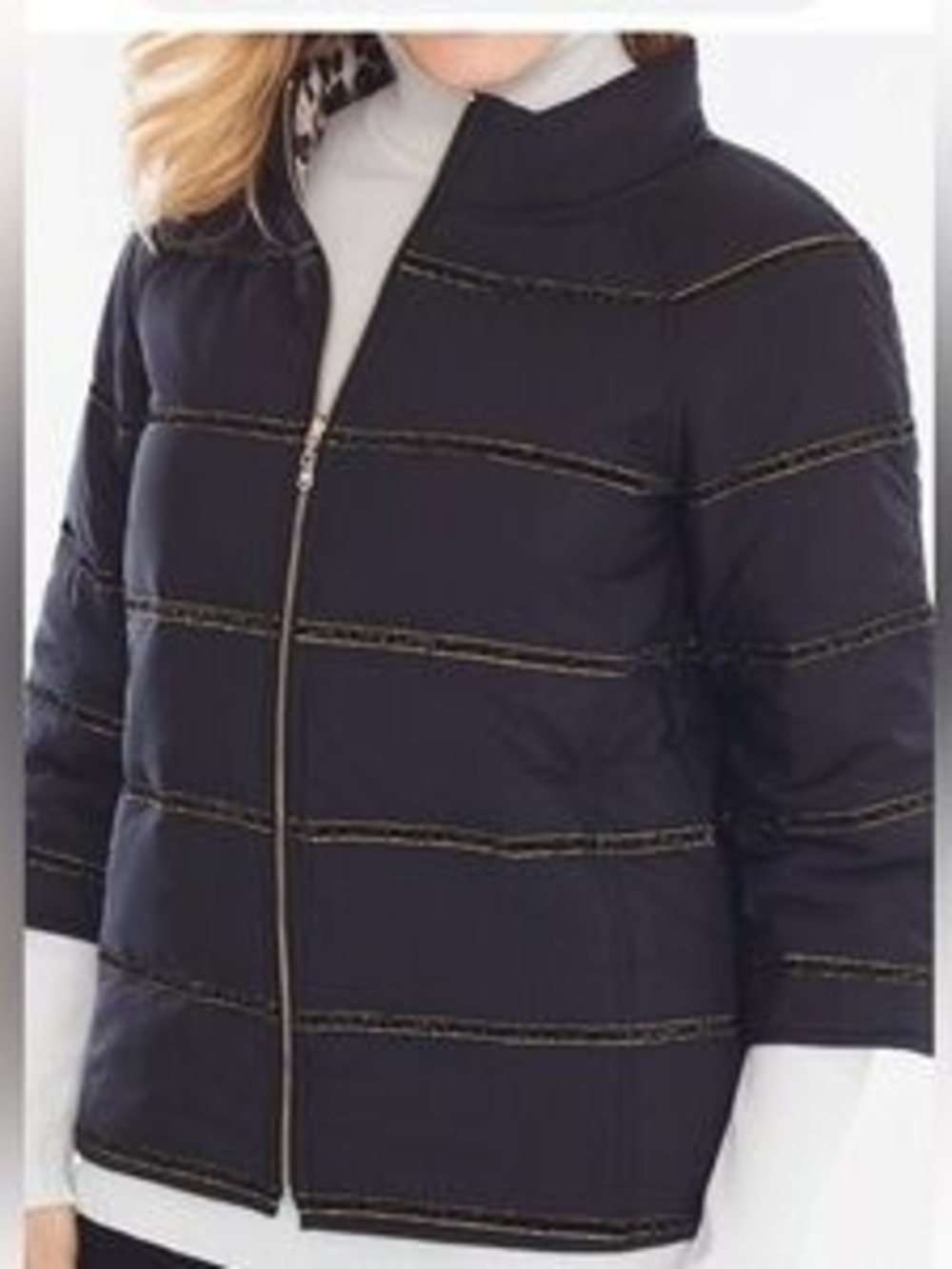 Chico's Black Quilted Zip-Front Puffer Jacket with Contrast Stitching